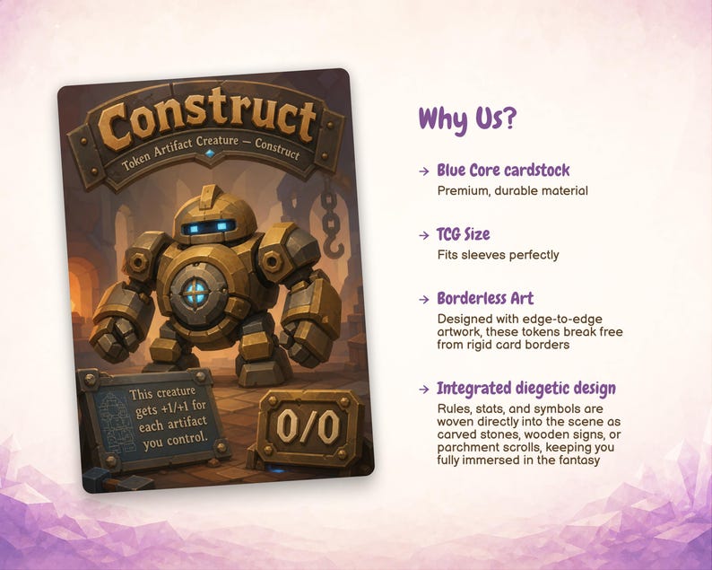 May include: A rectangular trading card featuring a golden mechanical construct creature with glowing blue eyes. The card displays the text Construct, Token Artifact Creature, and 0/0, with a stone sign reading This creature gets +1/+1 for each artifact you control.