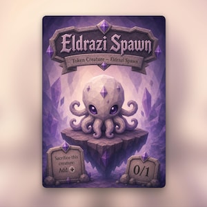 May include: A rectangular game card featuring a purple and white illustration of a small, faceted, octopus-like creature labeled Eldrazi Spawn. The card includes text reading Sacrifice this creature: Add and 0/1, set against a crystalline background.