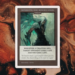 May include: A trading card featuring Sephiroth, the One-Winged Angel, with a detailed illustration of the character. The card includes text describing game effects and a quote. The card is set against a marbled background.