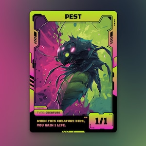 May include: A trading card depicting a futuristic insect creature with a dark blue exoskeleton and glowing eyes, set against a vibrant pink and green background. The card reads "PEST" at the top and "CREATURE" below. The card's power is 1/1.