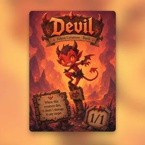 May include: A rectangular game card featuring a red devil creature with horns and a tail standing on a wooden post. The card displays the text Devil, Token Creature - Devil, 1/1, and When this creature dies, it deals 1 damage to any target.