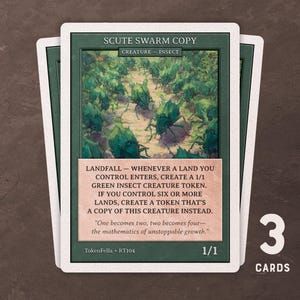 May include: Three Scute Swarm Copy cards are shown, with a green insect illustration. The cards have white borders and green accents, with text detailing the creature's abilities. The number "3" and the word "CARDS" are visible.