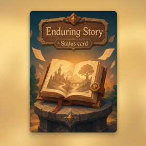 Op de afbeelding: Een rechthoekige statuskaart met de titel Enduring Story toont een open boek op een stenen voetstuk. De pagina's tonen een kasteel en boom. Zwevende papieren omringen het boek, dat is voorzien van een bruine leren riem en gouden sluiting.