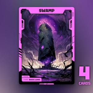 Può includere: Una carta fantasy con una scena di palude viola e nera. La carta ha un bordo rosa e la parola "SWAMP" in alto. Il testo "TYPE: BASIC LAND" è in basso. Il numero "4" e la parola "CARDS" sono a destra.