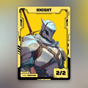 Pode incluir: Um cartão colecionável com um cavaleiro em armadura prateada sobre um fundo amarelo. O cartão tem a palavra "KNIGHT" no topo e "TYPE: CREATURE" na parte inferior. O cavaleiro segura uma espada e o cartão tem o número "2/2" no canto inferior direito.