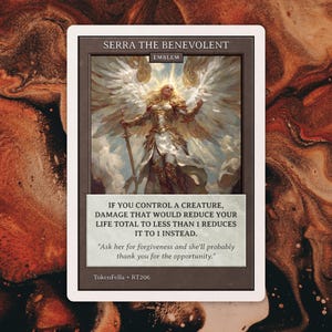 May include: A trading card featuring an angelic figure with large white wings, holding a sword. The card is titled "SERRA THE BENEVOLENT" and includes game text. The card has a white border and is set against a marbled background.