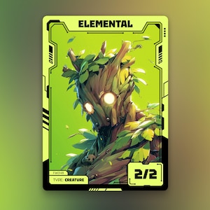 Op de afbeelding: Een ruilkaart met een boomachtig wezen met gloeiende ogen en groen gebladerte. De kaart heeft een groene en zwarte rand met het woord "ELEMENTAL" bovenaan. De kaart toont ook "2/2" en "TYPE: CREATURE".