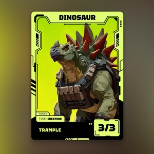 May include: A trading card featuring a green and brown dinosaur with red spikes, wearing a tactical vest. The card has a neon green background with the word "DINOSAUR" at the top and "TRAMPLE" at the bottom. The card also displays "3/3".
