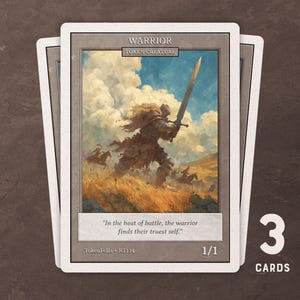 Pode incluir: Três cartas de jogo de fantasia com um guerreiro com uma espada em um campo de batalha, contra um céu nublado. As cartas têm uma borda branca e incluem o texto "WARRIOR", "TOKEN CREATURE" e uma citação. As cartas são rotuladas "1/1".