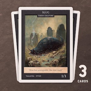 May include: Three trading cards featuring a dark, ominous illustration of a slug in a graveyard setting. The cards have a black border and white edges, with the word "SLUG" at the top. The text "Slow but unstoppable, like time itself" is printed on the card.