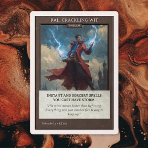 May include: A trading card featuring an illustration of a wizard conjuring lightning. The card reads "RAL, CRACKLING WIT" and includes text about instant and sorcery spells. The card has a white border and is set against a marbled background.