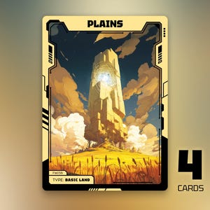 May include: A trading card featuring a landscape with a tall, light-colored structure under a cloudy sky. The card is labeled "PLAINS" at the top and "BASIC LAND" at the bottom. The number "4" and the word "CARDS" are in the lower right corner.