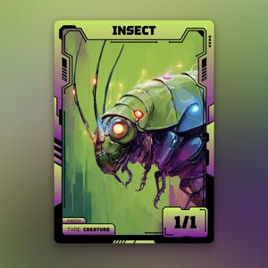 Peut inclure: Carte de jeu fantastique avec une illustration détaillée d'un insecte vert et violet avec des reflets lumineux. La carte est intitulée "INSECT" et "TYPE: CREATURE". Elle affiche un indicateur de puissance/endurance 1/1. Bordure noire.