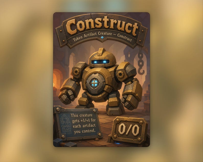 May include: A rectangular game card featuring a golden mechanical Construct creature with glowing blue eyes and a central chest light. The card displays the text Construct, Token Artifact Creature, and This creature gets +1/+1 for each artifact you control, with a 0/0 power and toughness indicator.
