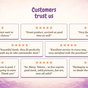May include: A graphic display titled Customers trust us featuring multiple five-star customer reviews in white rectangular boxes. The text includes various positive feedback about product quality, shipping speed, and secure packaging for art prints.
