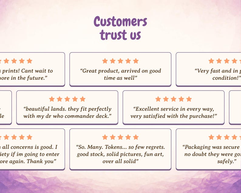 May include: A graphic display titled Customers trust us featuring multiple five-star customer reviews in white rectangular boxes. The text includes various positive feedback about product quality, shipping speed, and secure packaging for art prints.