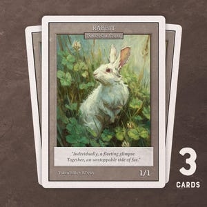 Könnte beinhalten: Drei Sammelkarten mit einem weißen Kaninchen in einem Feld mit grünen Pflanzen. Die Karten haben einen weißen Rand und den Text "RABBIT" und "TOKEN CREATURE" oben. Der Kartenboden lautet "1/1" und "3 CARDS".