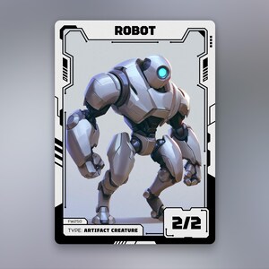 Może przedstawiać: Prostokątna karta do gry przedstawiająca biało-srebrną postać robota ze świecącym niebieskim okiem. Na karcie znajduje się napis ROBOT u góry, FW250 w rogu, TYPE: ARTIFACT CREATURE na dole oraz wartość liczbowa 2/2.