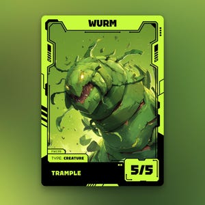 Può includere: Una carta collezionabile raffigurante una creatura verde simile a un verme con denti affilati. La carta ha un bordo nero con la parola "WURM" in alto e "TRAMPLE" in basso. La potenza della carta è 5/5.