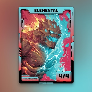 Op de afbeelding: Een fantasiekaart met het woord "ELEMENTAL" bovenaan. De kaart toont een gedetailleerde illustratie van een wezen met vurige en elektrische elementen. Het wezen is bruin en blauw, met 4/4 kracht en weerstand.
