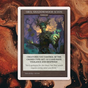 May include: A fantasy card featuring Oko, Shadowmoor Scion. The artwork depicts a humanoid figure with antlers, surrounded by a blue and green aura. Text at the bottom reads, "CREATURES YOU CONTROL...VIGILANCE AND HEXPROOF."