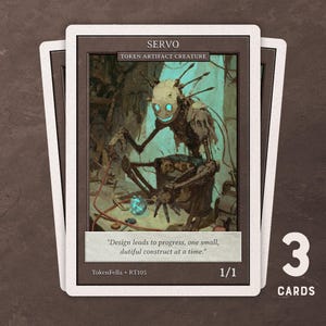 May include: Three Servo Token Artifact Creature cards. Each card features a detailed illustration of a mechanical creature with glowing blue eyes. The cards have a white border and include the text "Design leads to progress, one small, dutiful construct at a time."