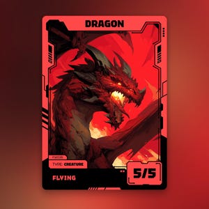 May include: A red and black trading card featuring a detailed illustration of a dragon with glowing eyes and open mouth. The card has the word "DRAGON" at the top, "TYPE: CREATURE" and "FLYING" at the bottom, and a "5/5" power rating.