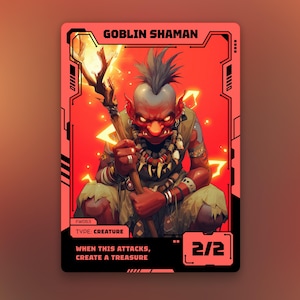 Op de afbeelding: Een fantasiekaart met een roodhuidige goblin-sjamaan met een hanenkam, die een brandende staf vasthoudt. De kaart heeft een rode achtergrond met de tekst "GOBLIN SHAMAN", "TYPE: CREATURE" en "WHEN THIS ATTACKS, CREATE A TREASURE". De kracht van de kaart is 2/2.