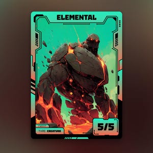 Op de afbeelding: Een fantasy trading card met een elementaal wezen. De kaart heeft een turquoise rand met het woord "ELEMENTAL" bovenaan. Het wezen is een grote, rotsachtige figuur met gloeiende oranje lava-achtige kenmerken. De kaart toont "5/5" en "TYPE: CREATURE".