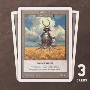 May include: Three collectible cards featuring a samurai warrior in a field. The cards have a white border and a central image of a samurai in armor with a sword. Text includes "SAMURAI", "DOUBLE STRIKE", and a quote. The cards are labeled 2/2.