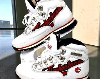 VTG 00s Timberland Men\'s White Red Leather Mid Boots Embroidered Streetwear 7.5M Timberland M White Boots for Men for Sale | Shop New & Used  main image 3
