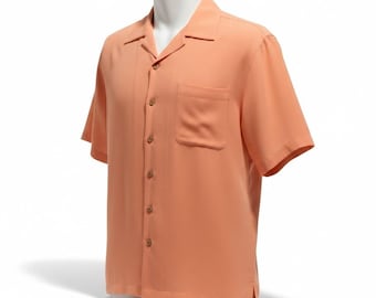 Tommy Bahama Shirt Mens M 90s VTG Peach 100% Silk Camp Coral Luxury Short Sleeve
