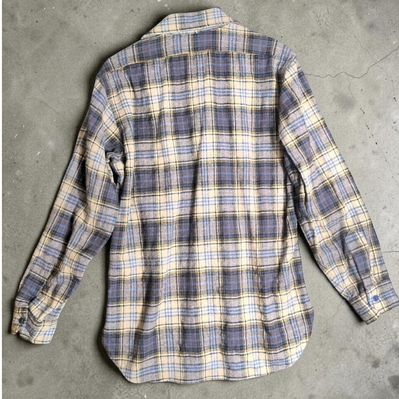 Pendleton Plaid Flannel Shirt M VTG 70s 100% Virgin Wool Washable Blue Tan Usa image 4