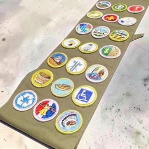 May include: An olive green sash featuring a collection of circular embroidered merit badges. The patches display various colourful designs including a recycling symbol, a wheelchair accessibility icon, landscapes, and other assorted graphic illustrations.