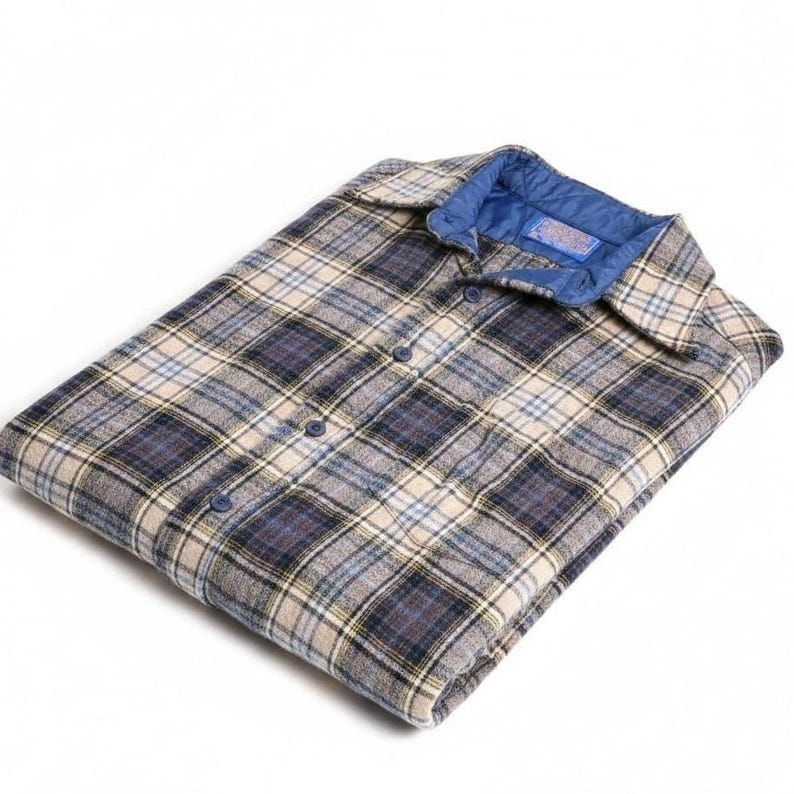 Pendleton Plaid Flannel Shirt M VTG 70s 100% Virgin Wool Washable Blue Tan Usa image 2