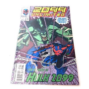 May include: A comic book cover for "2099 Unlimited" featuring Hulk 2099. The cover art depicts a green Hulk-like figure and a superhero in a blue and red suit. The text includes "The Next Century's Greatest Heroes!" and "Hulk 2099".