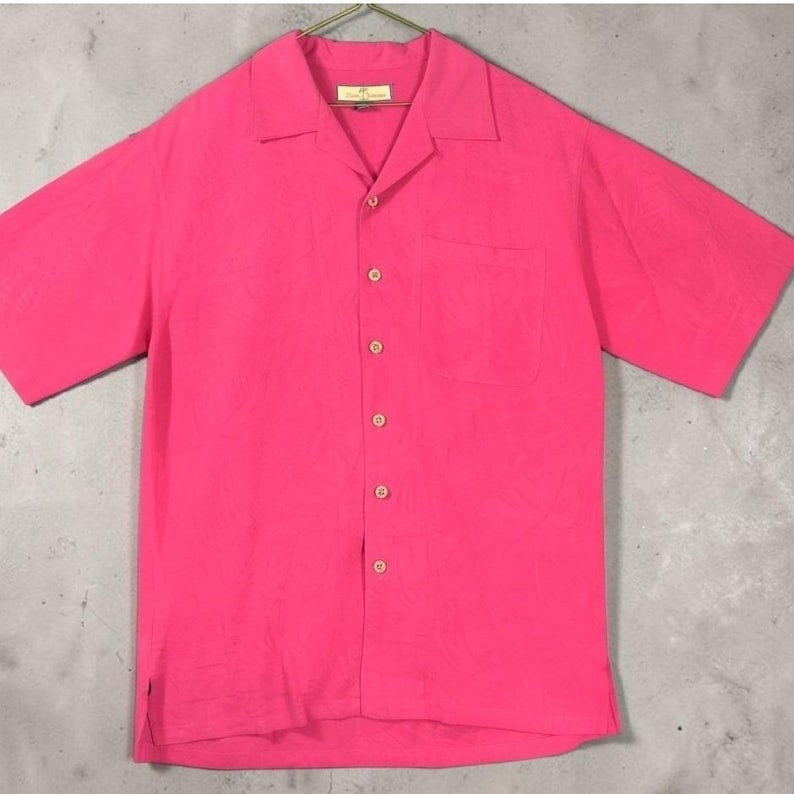 Tommy Bahama Shirt M 100% Seide VTG Herren Pink Floral Jacquard Camp Aloha Tropical Bild 3