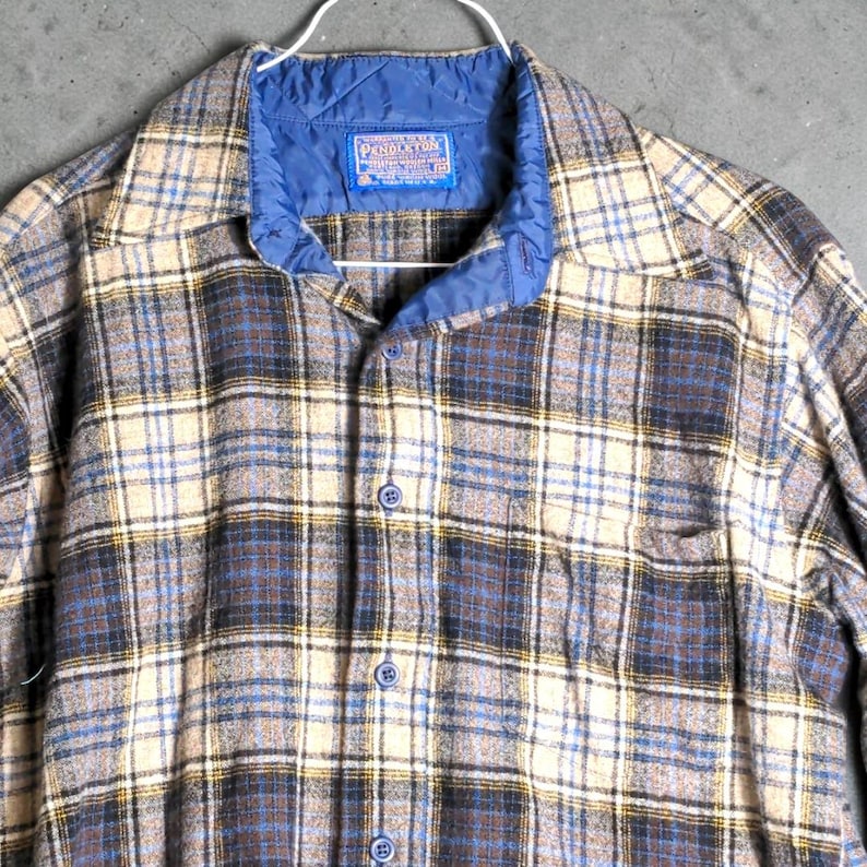 Pendleton Plaid Flannel Shirt M VTG 70s 100% Virgin Wool Washable Blue Tan Usa image 5