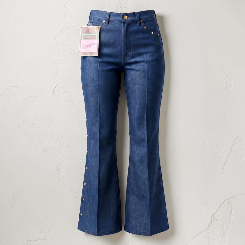Pantalones vaqueros Wrangler Ours vintage de los años 70, con tachuelas, corte acampanado, talla 7/24, para mujer, nuevos, sin usar. imagen 1