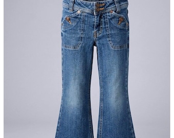 Jeans acampanados vintage Gap Kids Y2K, talla 4, cintura ajustable, elásticos, estilo retro de mezclilla de 2005.