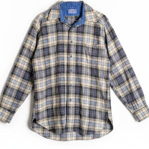 Pendleton Plaid Flannel Shirt M VTG 70s 100% Virgin Wool Washable Blue Tan Usa image 1