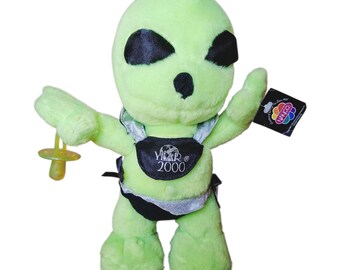Vintage NANCO Jahr 2000 Rave Baby Space Alien Plüsch 23 cm mit Nuckel und Lätzchen Y2K