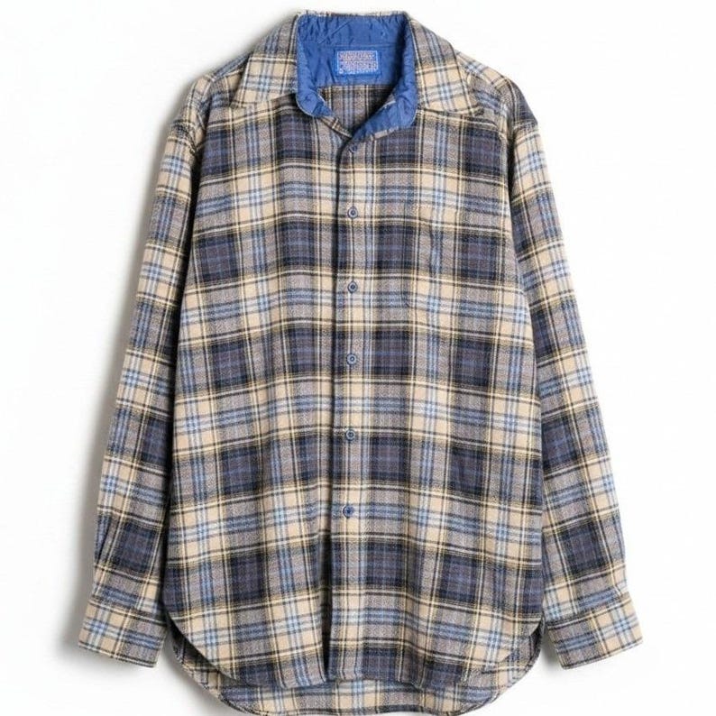 Pendleton Plaid Flannel Shirt M VTG 70s 100% Virgin Wool Washable Blue Tan Usa image 3