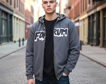 VTG Forum Snowboards The Program Reversible Hoodie Men's Med AOP Grey Black Y2K