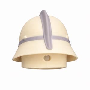 May include: A cream-colored pith helmet with a gray band and a vertical gray stripe. The helmet has a circular hole at the bottom. This safari-style hat is a classic accessory.