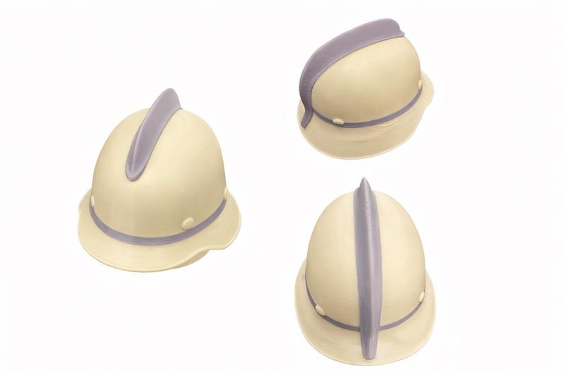 May include: Three cream-colored pith helmets with lavender accents are displayed against a white background. Each helmet has a brim, a central ridge, and a band around the base. The helmets are shown from different angles.