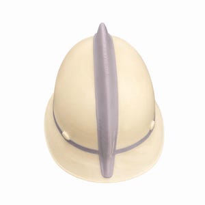 May include: Cream-colored pith helmet with a vertical gray accent and a matching band around the brim. The helmet has a rounded crown and a wide brim, typical of safari or explorer headwear.
