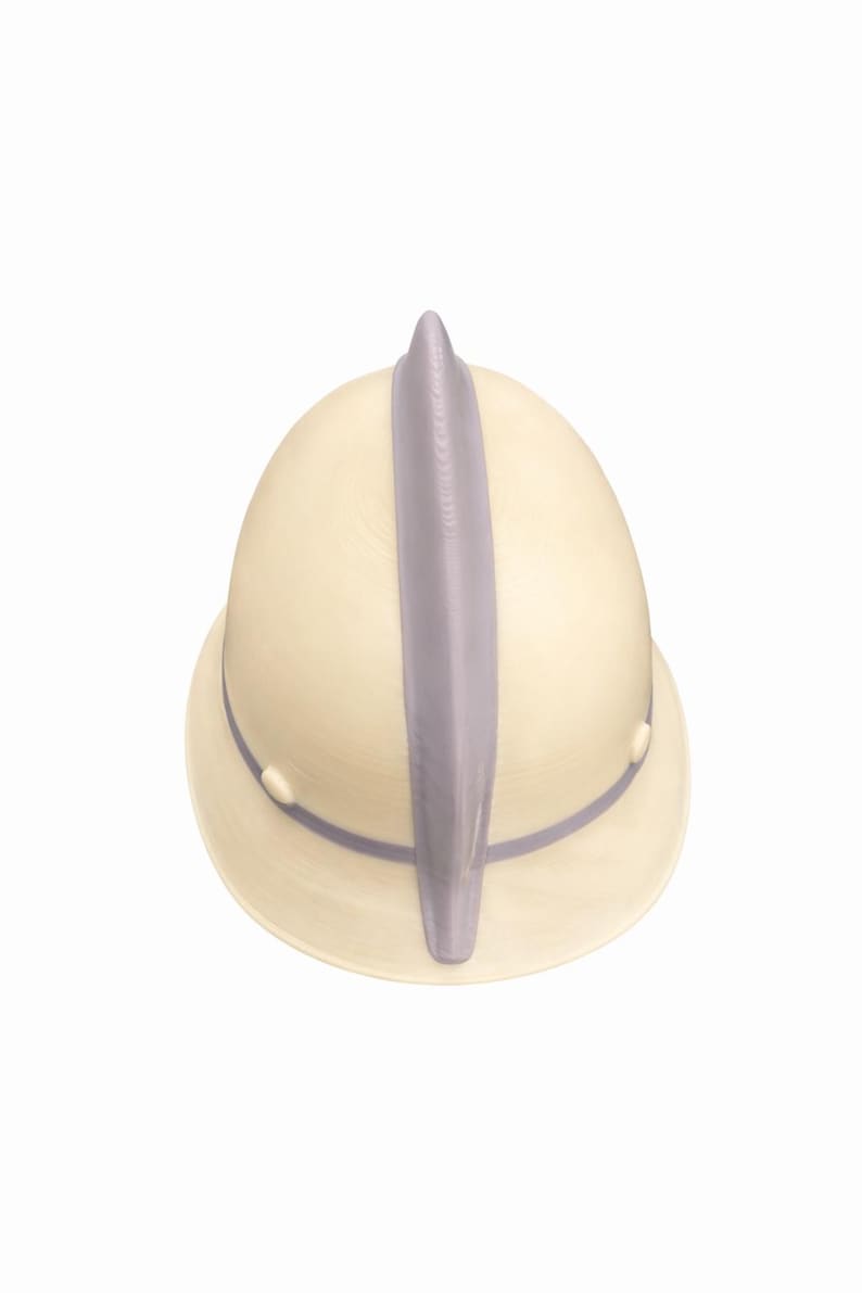 May include: Cream-colored pith helmet with a vertical gray accent and a matching band around the brim. The helmet has a rounded crown and a wide brim, typical of safari or explorer headwear.
