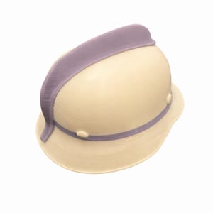 May include: A cream-colored pith helmet with a lavender band and trim. The hat has a rounded crown and a wide brim, with two small, round rivets on the side. The lavender band wraps around the base of the crown.