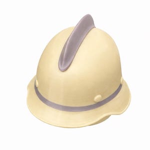 May include: A cream-colored pith helmet with a gray band and a gray central ridge. The hat has a wide brim and is designed to protect the wearer from the sun. The helmet has a classic safari style.